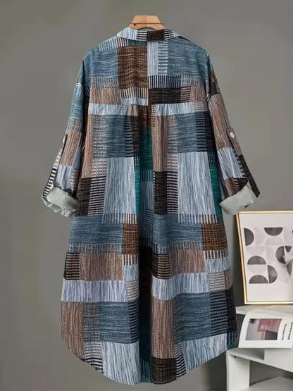 Women's Geometric Patchwork Print Long Sleeve Buttoned Collared Shirt