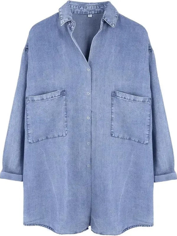 Women's Loose Pocket Denim Shirt Tops