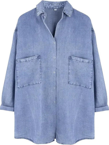 Women's Loose Pocket Denim Shirt Tops