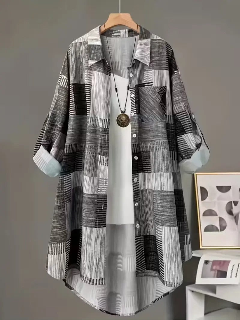 Women's Geometric Patchwork Print Long Sleeve Buttoned Collared Shirt