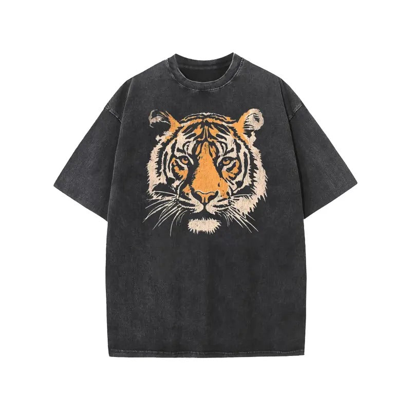 Women's Vintage Tiger Graphic Short Sleeves Loose-Fit Acid Washed Tshirt