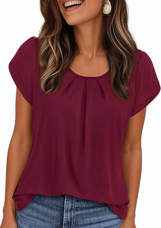 Women Short Sleeve Crew Neck Pleated T Shirts  Casual Top