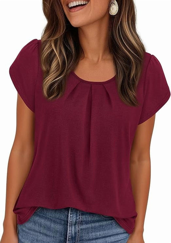Women Short Sleeve Crew Neck Pleated T Shirts  Casual Top