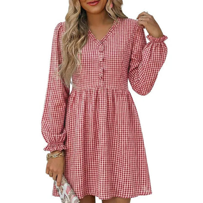 Women Casual Loose Frill V neck A-line Shift Plaid High Waist Dress