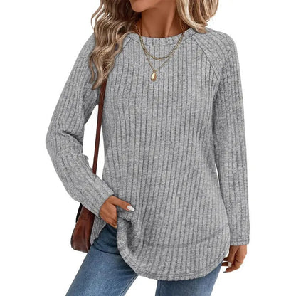Women  Ribbed Knit Raglan Long Sleeve Top Curved Hem Loose Blouse