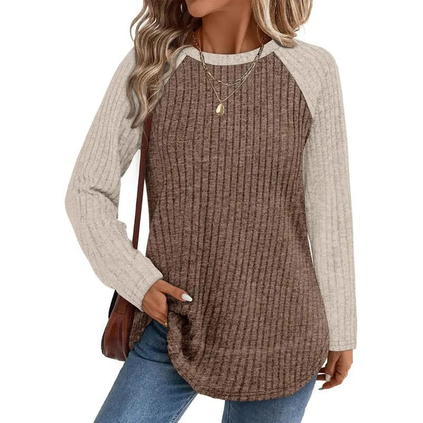 Women  Ribbed Knit Raglan Long Sleeve Top Curved Hem Loose Blouse