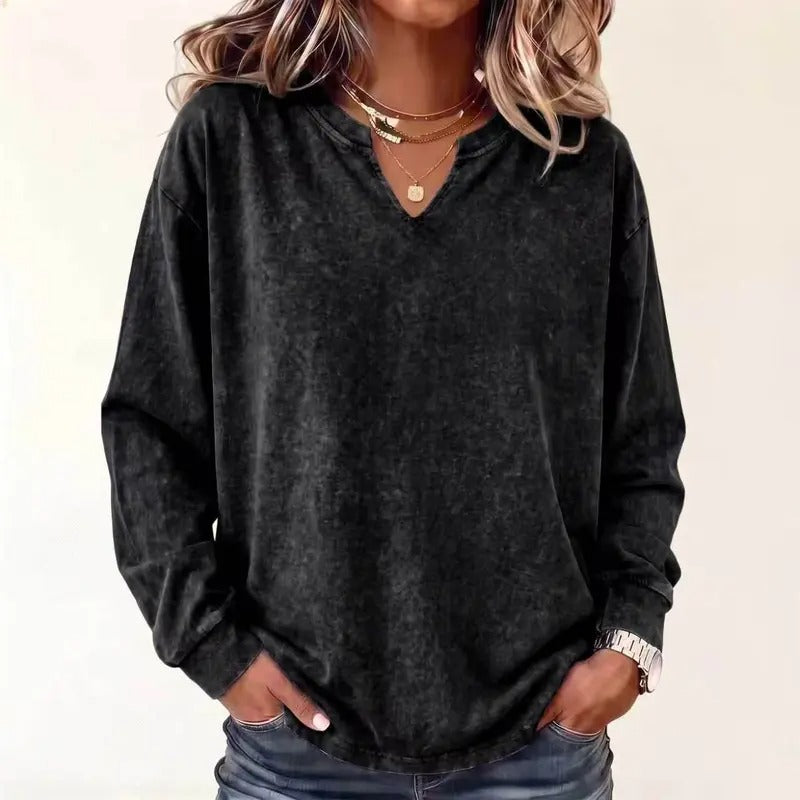Women's Vintage Washed Notch V-Neck Long Sleeve Top Loose Drop Shoulder Tee