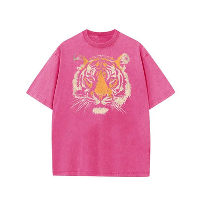 Women's Vintage Tiger Graphic Short Sleeves Loose-Fit Acid Washed Tshirt