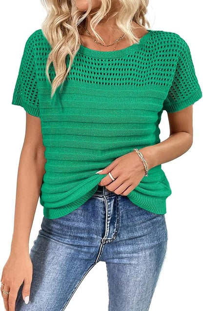 ⏰Hot Sale-Womens Crew Neck Short Sleeve Shirts Knit Hollow Out Tops