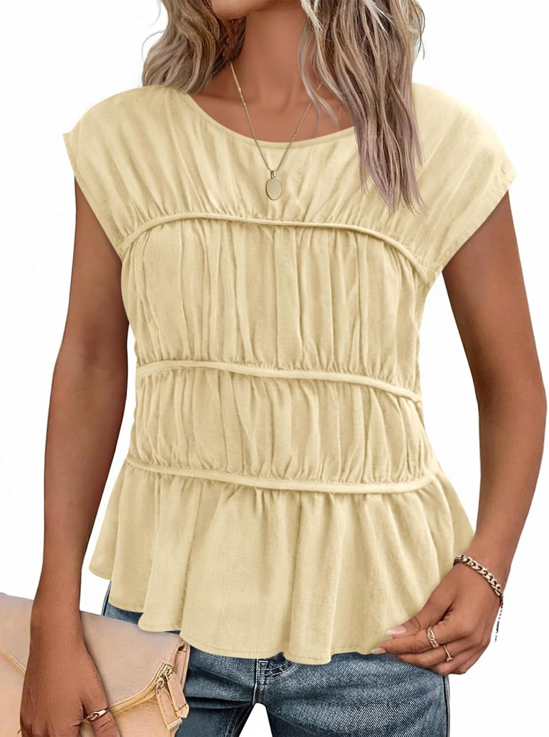 Womens Cap Sleeve Peplum Tank Tops Smocked Casual  Pleated Blouse