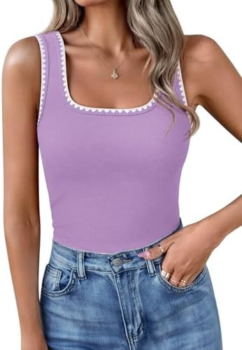 Women’s Square Neck Tank Tops Fitted Color Block Ribbed Tanks