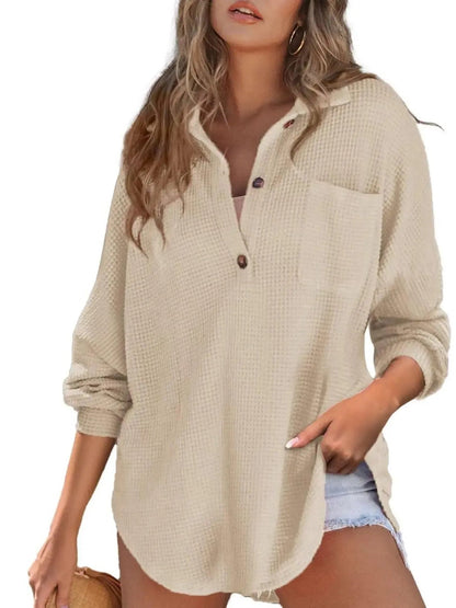 Women's Loose‑Fit Waffle Knit Lapel Long‑Sleeve Top