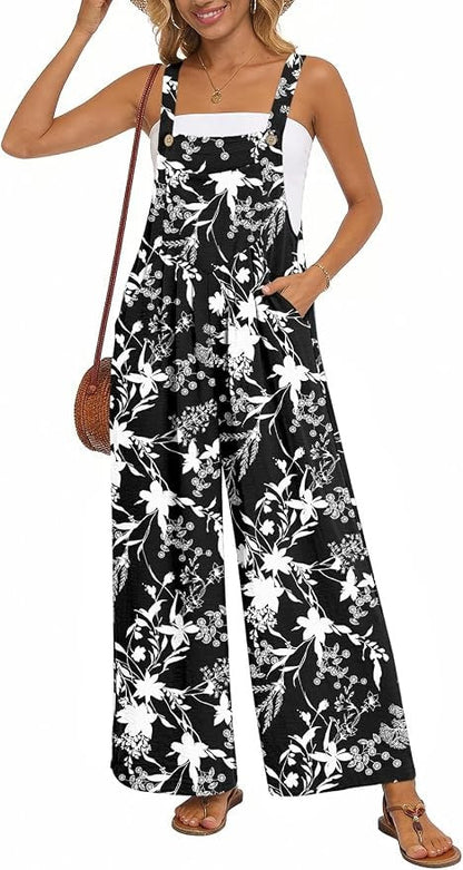 Womens Casual Jumpsuits Wide Leg Overalls Adjustable Strap Rompers with Pockets