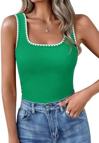 Women’s Square Neck Tank Tops Fitted Color Block Ribbed Tanks