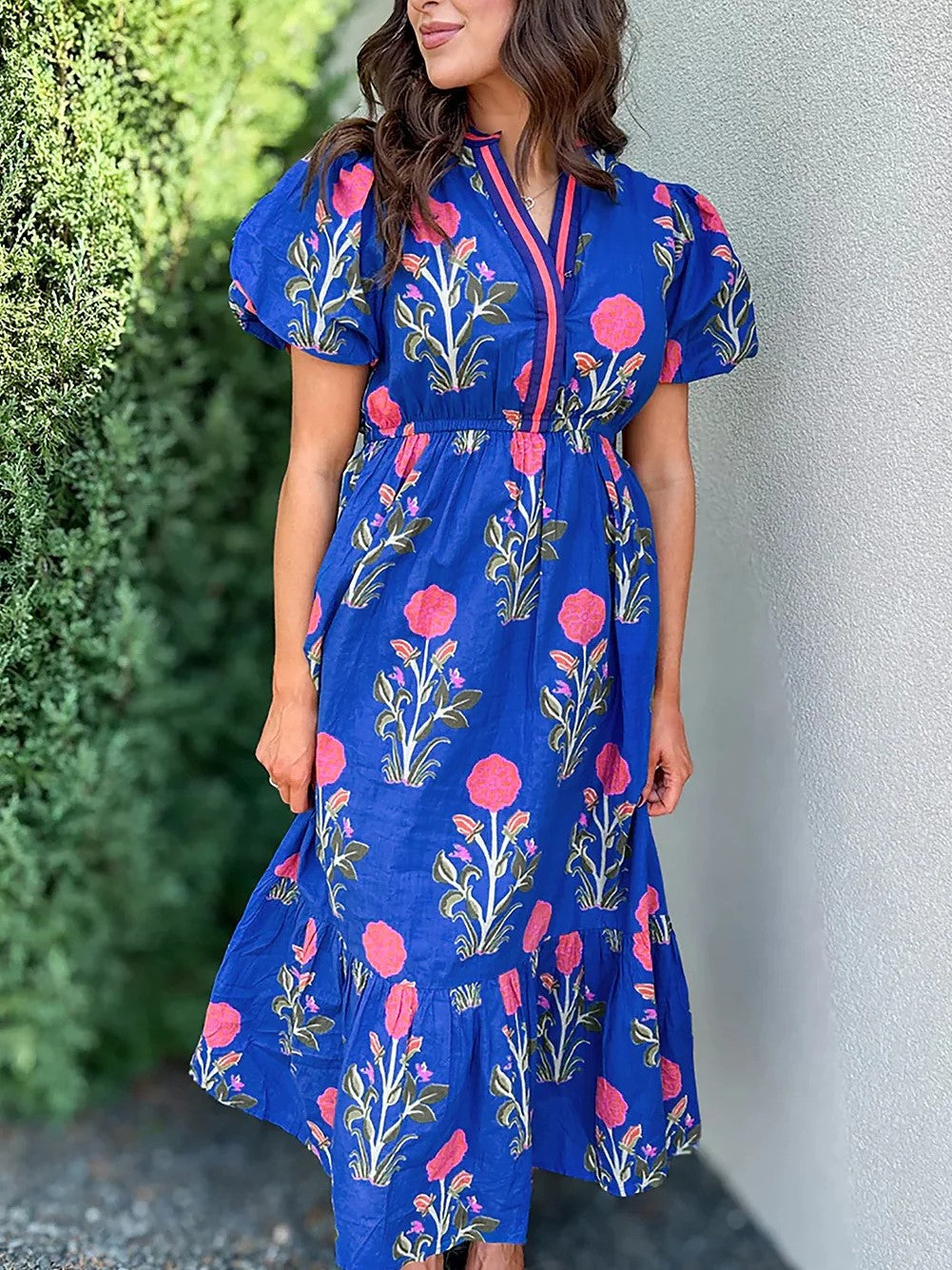 Women's Summer Floral V-Neck Ruffle Hem Midi Dress