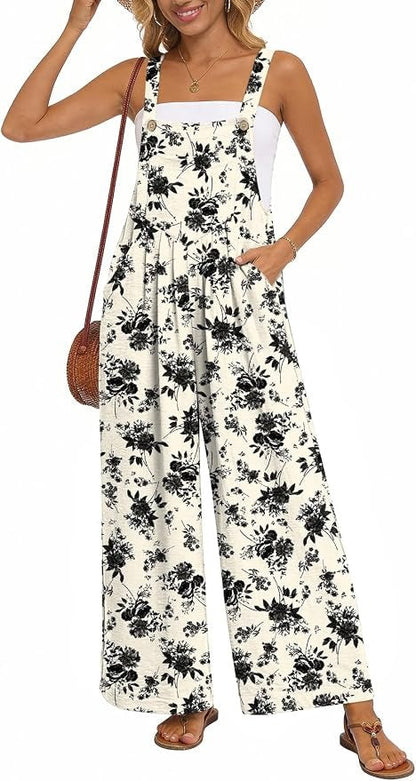 Womens Casual Jumpsuits Wide Leg Overalls Adjustable Strap Rompers with Pockets