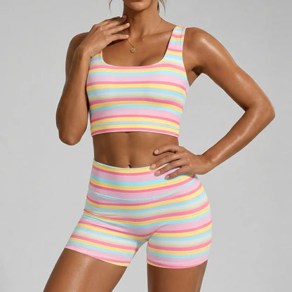 Women’s Rainbow Stripe 2 Piece Workout Set Tank Top High Shorts Matching