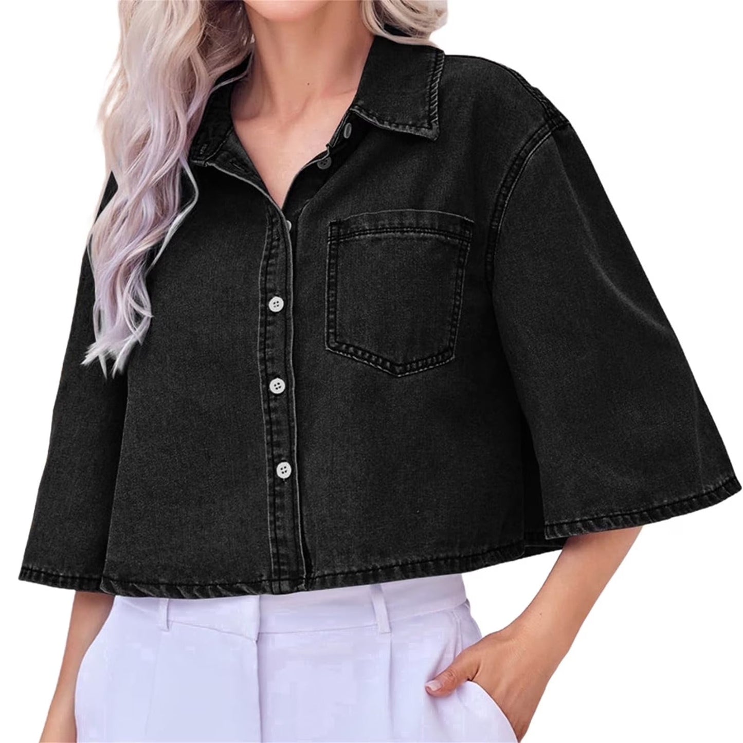 Women Half Sleeve Button Down Lapel Casual Cropped Denim Tops