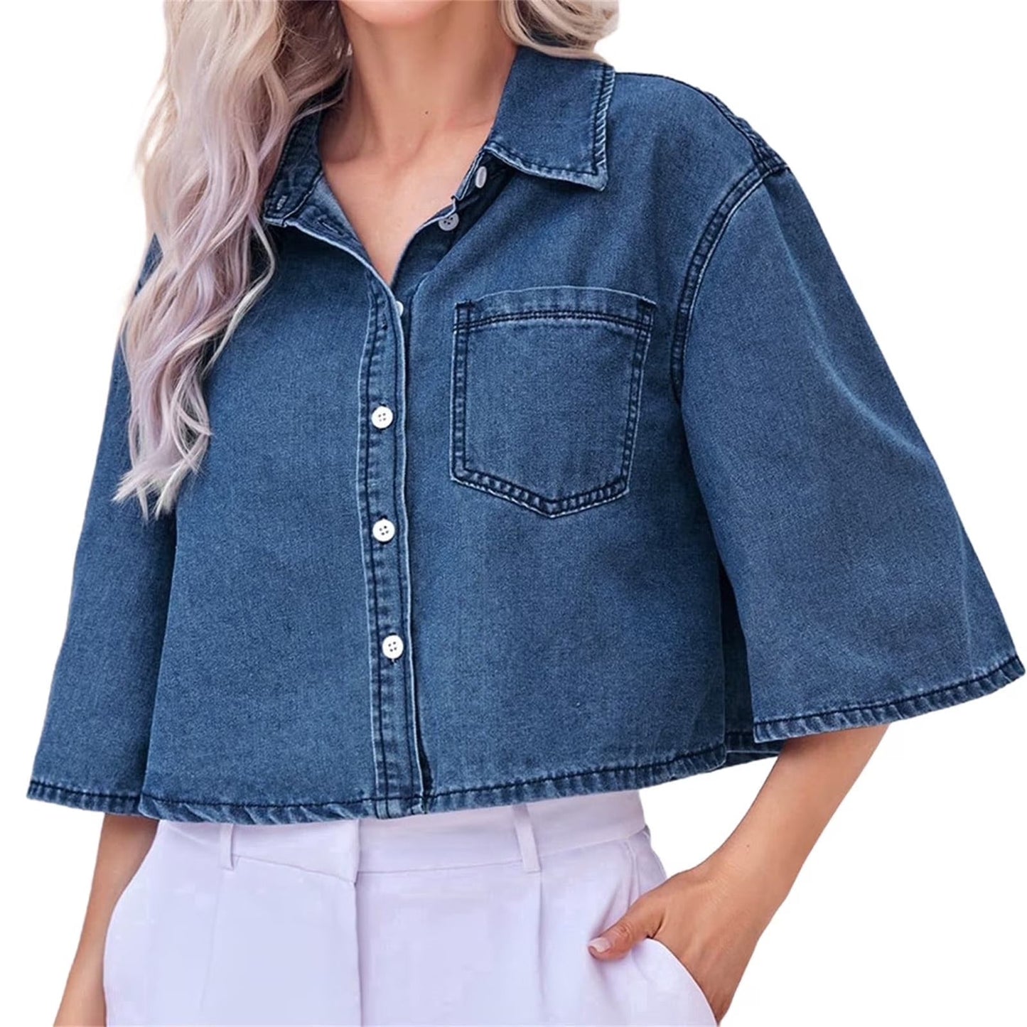 Women Half Sleeve Button Down Lapel Casual Cropped Denim Tops