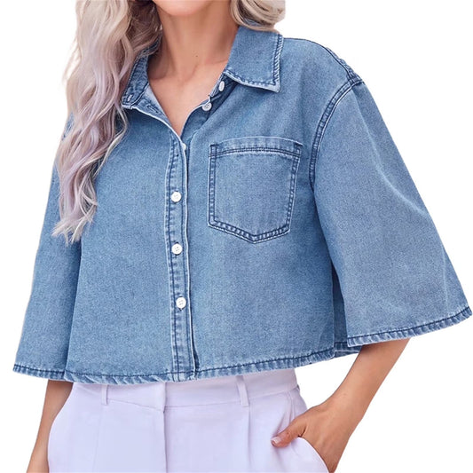 Women Half Sleeve Button Down Lapel Casual Cropped Denim Tops