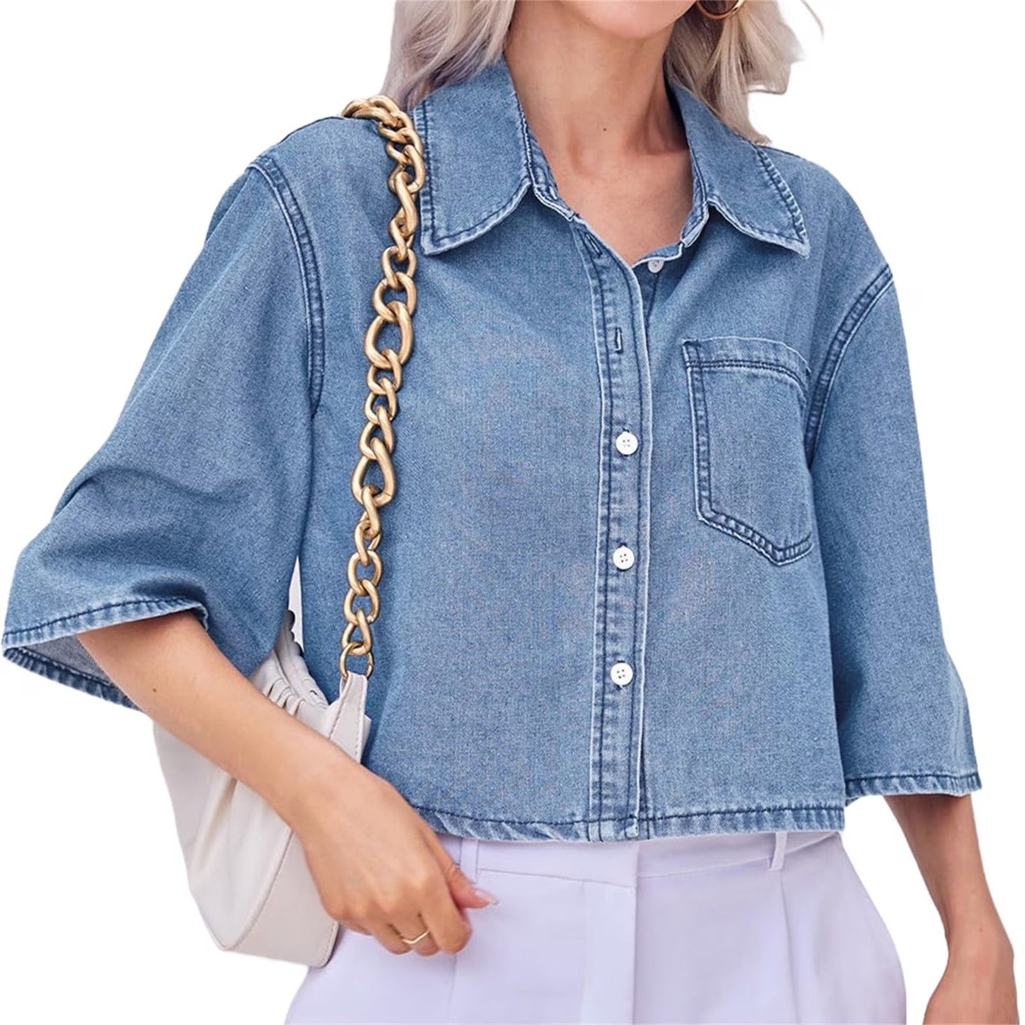 Women Half Sleeve Button Down Lapel Casual Cropped Denim Tops