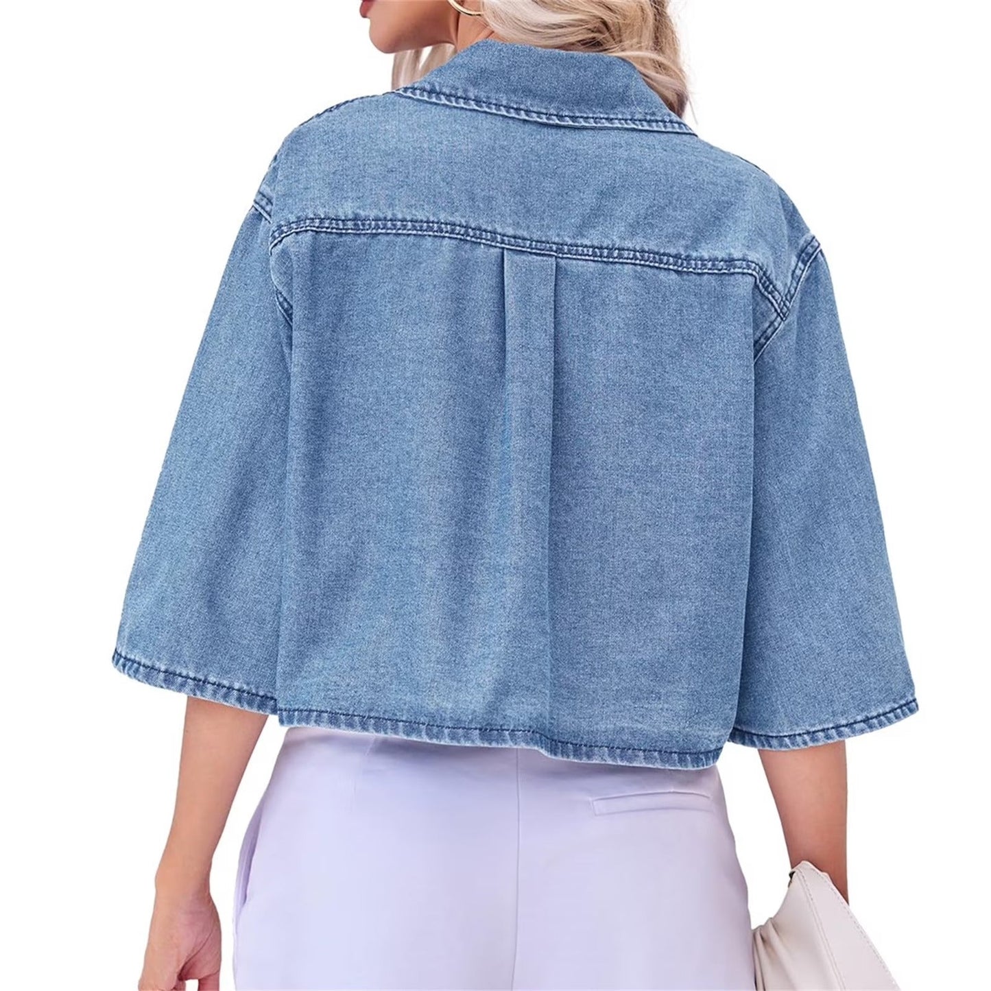 Women Half Sleeve Button Down Lapel Casual Cropped Denim Tops