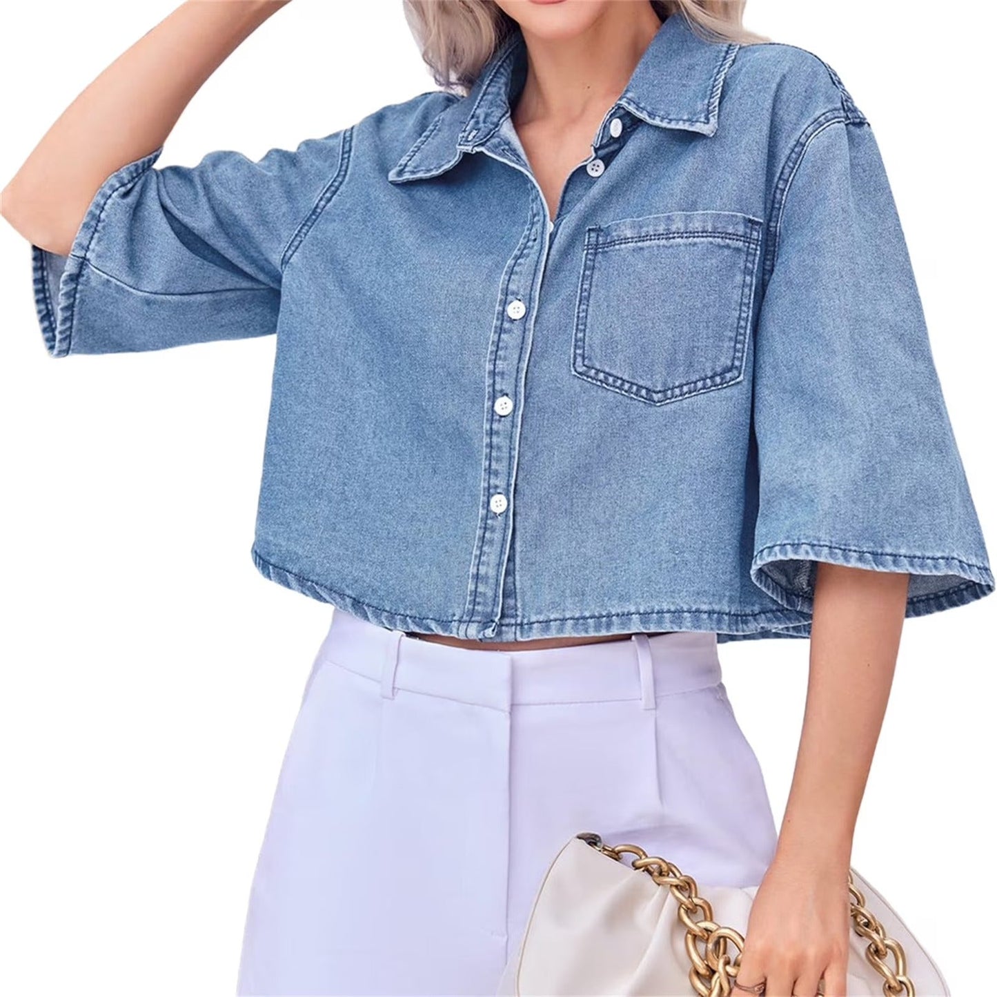Women Half Sleeve Button Down Lapel Casual Cropped Denim Tops