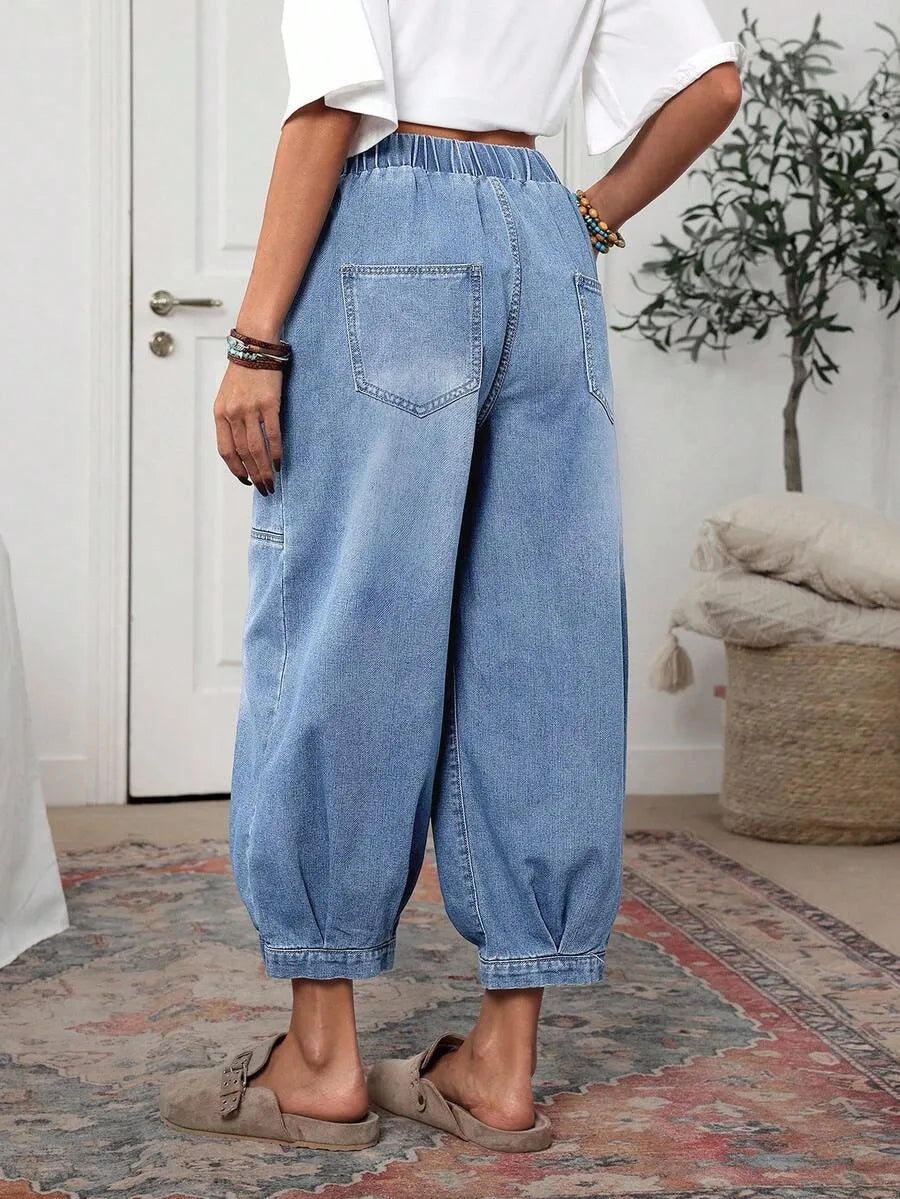 Women Elastic Waist Stitched Patch Denim Jogger Pants