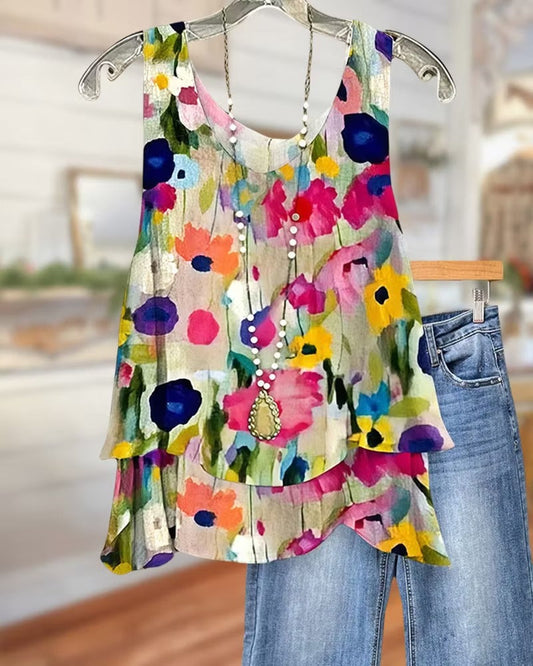 Floral Print Sleeveless Urban Tiered T-Shirt