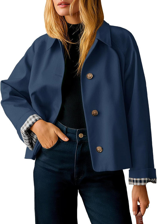 Womens Cropped Trench Coat Lightweight  Jacket Fall Windbreaker  Outerwear