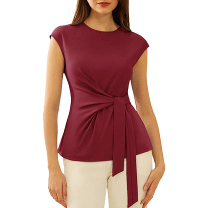 Womens Tie Waist Crew Neck Cap Sleeve Tops Elegant Blouse