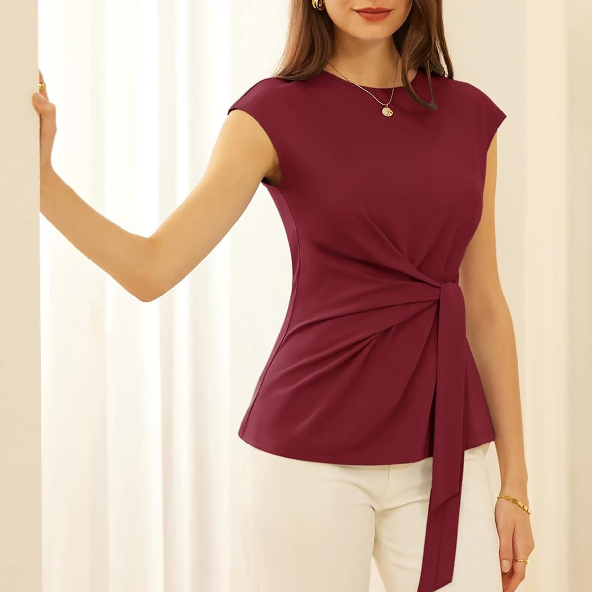 Womens Tie Waist Crew Neck Cap Sleeve Tops Elegant Blouse