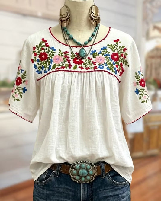 Floral Loose Gathered Scoop Neck Short Sleeve Blouse