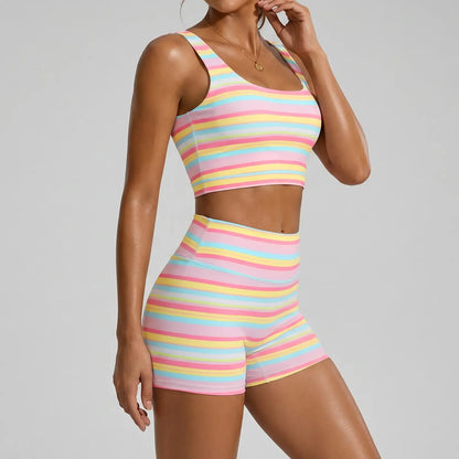 Women’s Rainbow Stripe 2 Piece Workout Set Tank Top High Shorts Matching