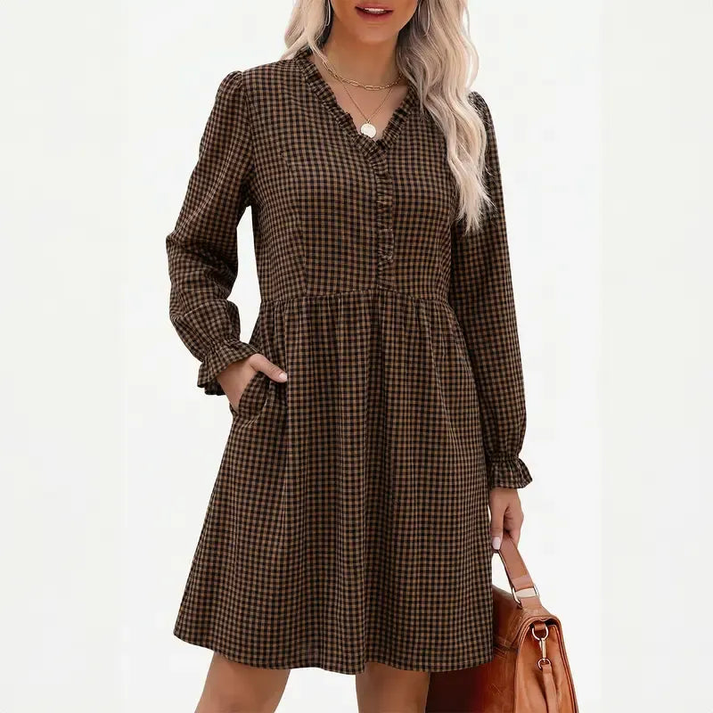 Women Casual Loose Frill V neck A-line Shift Plaid High Waist Dress