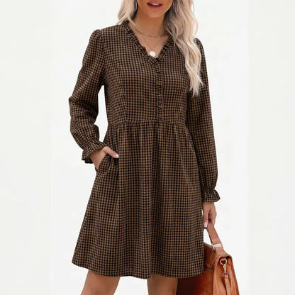 Women Casual Loose Frill V neck A-line Shift Plaid High Waist Dress