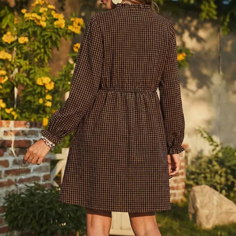 Women Casual Loose Frill V neck A-line Shift Plaid High Waist Dress