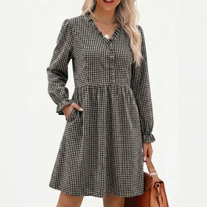 Women Casual Loose Frill V neck A-line Shift Plaid High Waist Dress