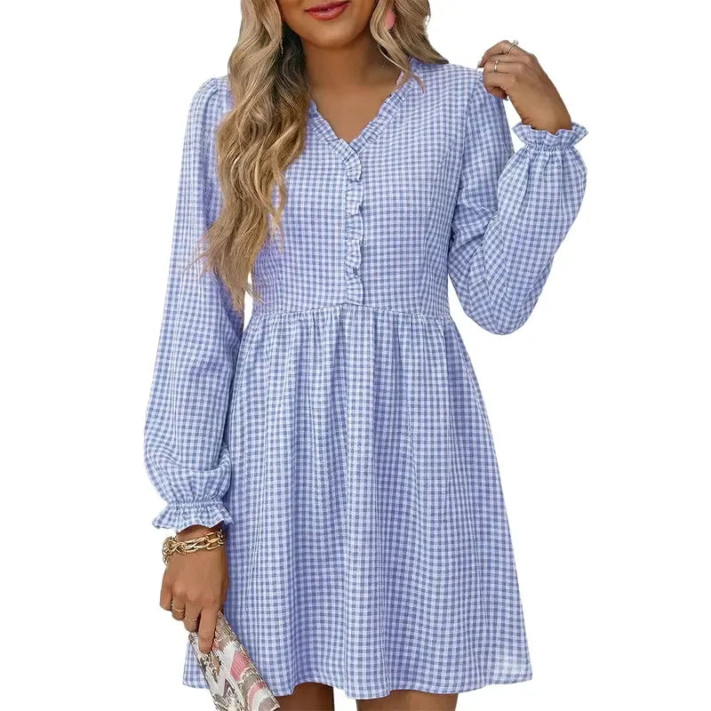 Women Casual Loose Frill V neck A-line Shift Plaid High Waist Dress