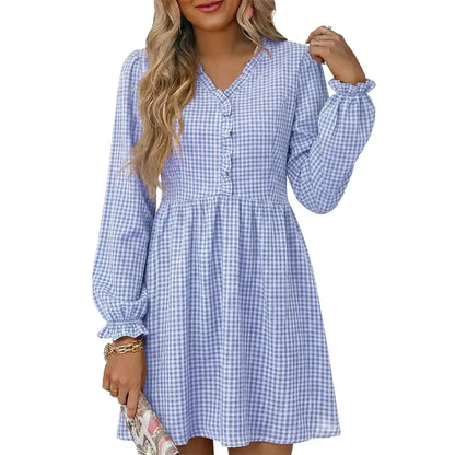 Women Casual Loose Frill V neck A-line Shift Plaid High Waist Dress