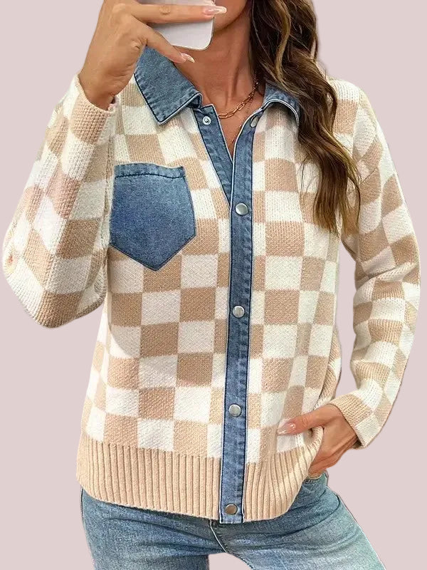 Women's Denim Collar Checkered Knit Jacket