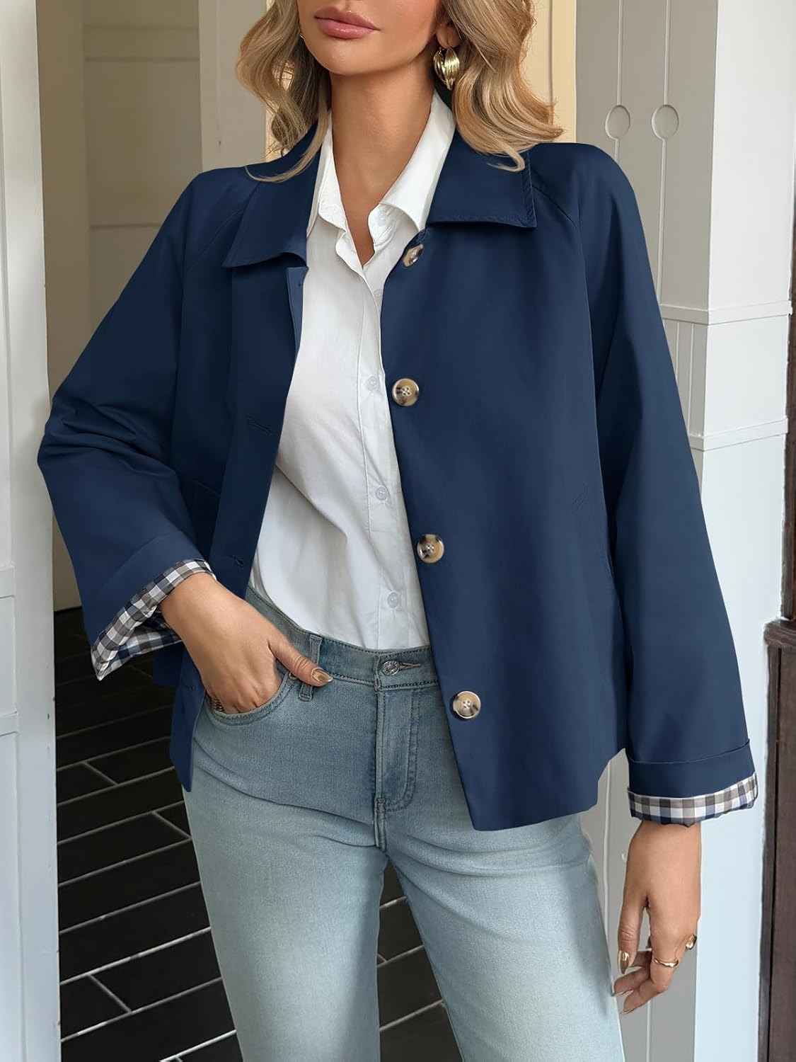 Womens Cropped Trench Coat Lightweight  Jacket Fall Windbreaker  Outerwear
