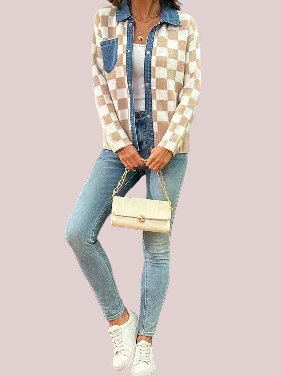 Women's Denim Collar Checkered Knit Jacket