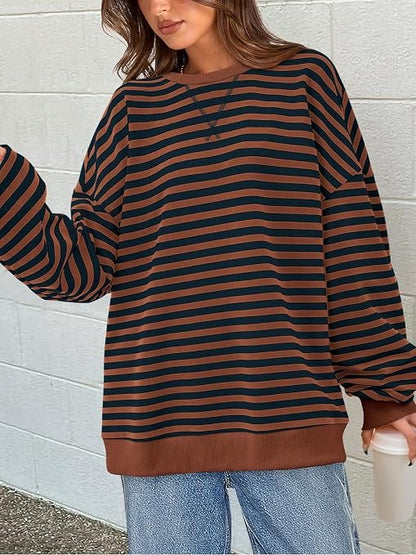 Limited time sale🔥Womens Striped Oversized Sweatshirt Color Block Long Sleeve Top