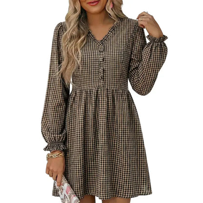 Women Casual Loose Frill V neck A-line Shift Plaid High Waist Dress