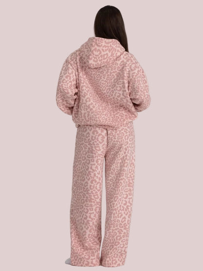 Leopard Print Fleece Hoodie and Pants Two Piece Set