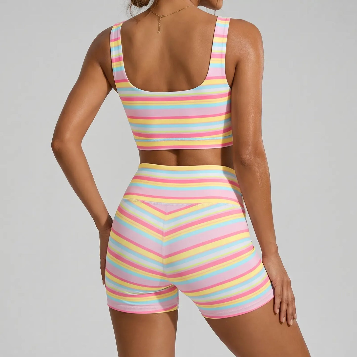 Women’s Rainbow Stripe 2 Piece Workout Set Tank Top High Shorts Matching