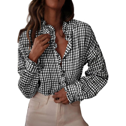 Women's Button Up Gingham Shirts Ruffle Collar Long Sleeve Plaid  Tops