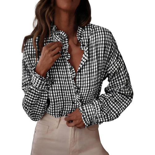 Women's Button Up Gingham Shirts Ruffle Collar Long Sleeve Plaid  Tops