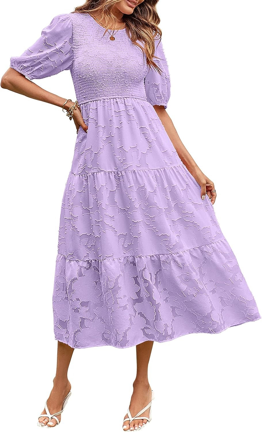 ✨Women's Puff Sleeve Floral Dress Flowy Tiered Midi Dresses